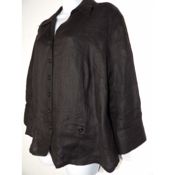 Talbots Irish Linen Blouse 12W Black Button Up Beach Lagenlook Coastal Casual - Picture 2 of 9